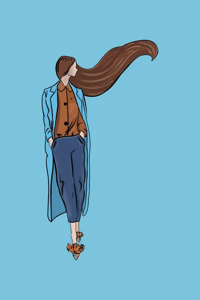 テクスチャーブルーの背景にファッショナブルな服を着た女の子モデルのベクトルファッションイラスト — ストックベクタ
