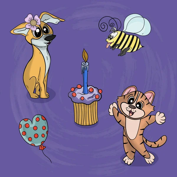 Vector illustration animal cat and dog celebrate and congratulate each other with cake and balloons on a textured background