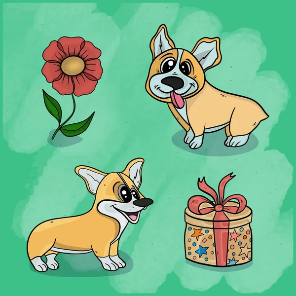 Ilustración Vectorial Perro Animal Jugando Claro Sobre Hierba Entre Flores — Archivo Imágenes Vectoriales