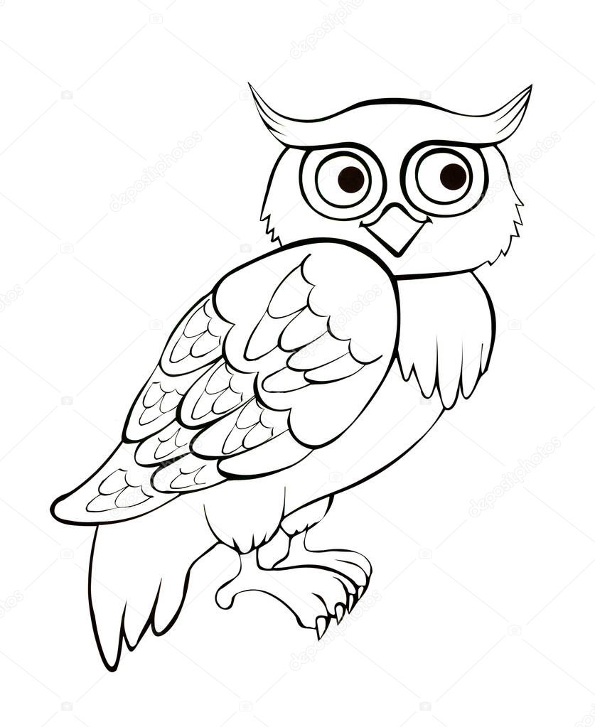 Illustration ink drawing of a black outline of animal. Bird on an isolated white background
