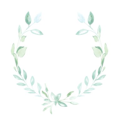 Yeşil bitkilerin ve yaprakların dekoratif öğelerini izole beyaz bir arka plan üzerinde çerçeve şeklinde çizerek suluboya çizim İllüstrasyon.