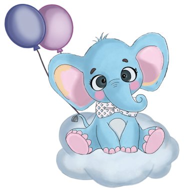 İzole beyaz bir tabaka üzerinde balonlarla bulut üzerinde oturan hayvan mavisi filin dijital illüstrasyonu