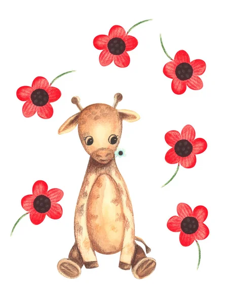 Ilustración Color Acuarela Carácter Animal Jirafa Sentado Entre Flores Sobre — Foto de Stock