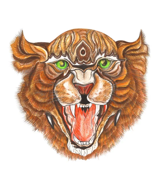 Illustration of a watercolor tiger head drawing in orange color with an open red mouth on an isolated white background.