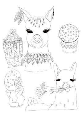 İzole beyaz bir arka plan üzerinde çiçekler ve bitkiler arasında bir hayvan alpaka siyah mürekkep çizim çizim illüstrasyon.