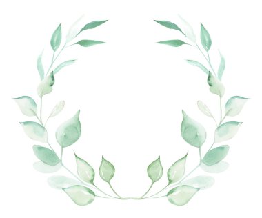 Yeşil bitkilerin ve yaprakların dekoratif öğelerini izole beyaz bir arka plan üzerinde çerçeve şeklinde çizerek suluboya çizim İllüstrasyon.