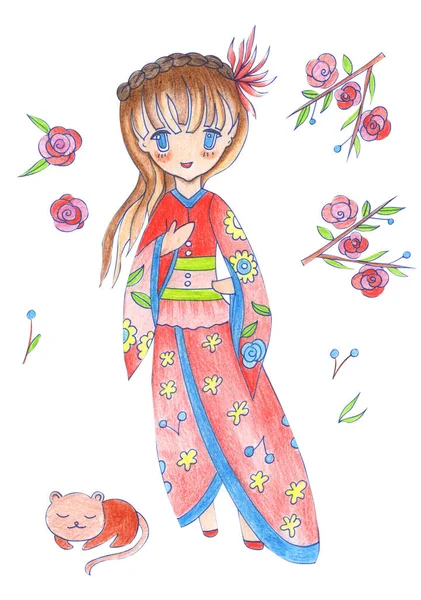 Illustration Dessin Couleur Fille Manga Aquarelle Dans Les Vêtements Sur — Photo