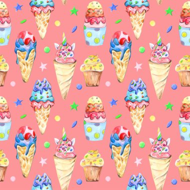 Suluboya şekerlemetarafından çizilen illüstrasyon dikişsiz desen: kek, kekler, arka planda macaroons.