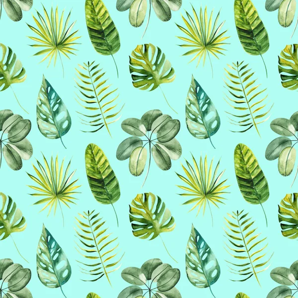 Ilustración patrón sin costura dibujado por acuarela exóticas hojas verdes tropicales en el fondo — Foto de Stock