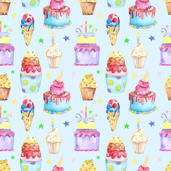 Illustration Seamless Pattern Drawn Watercolor Confectionery Cakes Muffins Macaroons Background — Stock Photo, Image