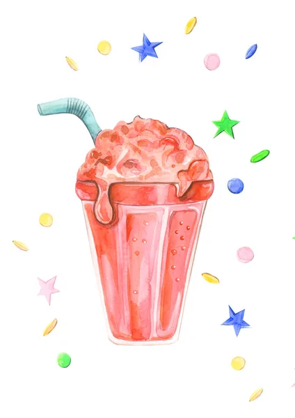 水彩糖果冰淇淋鸡尾酒在玻璃与吸管在白色隔离背景绘制的插图 — 图库照片