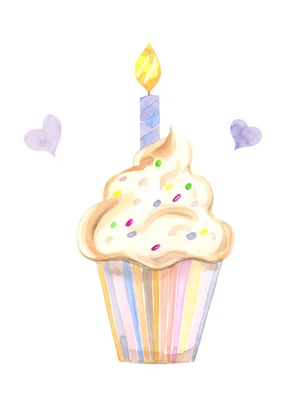 배경에 크림과 촛불과 바구니에 수채화 페이스트리 케이크에 그려진 — 스톡 사진