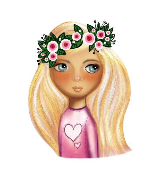 Digitale Illustration Eines Mädchens Mit Langen Haaren Mit Blumenkranz Unter — Stockfoto