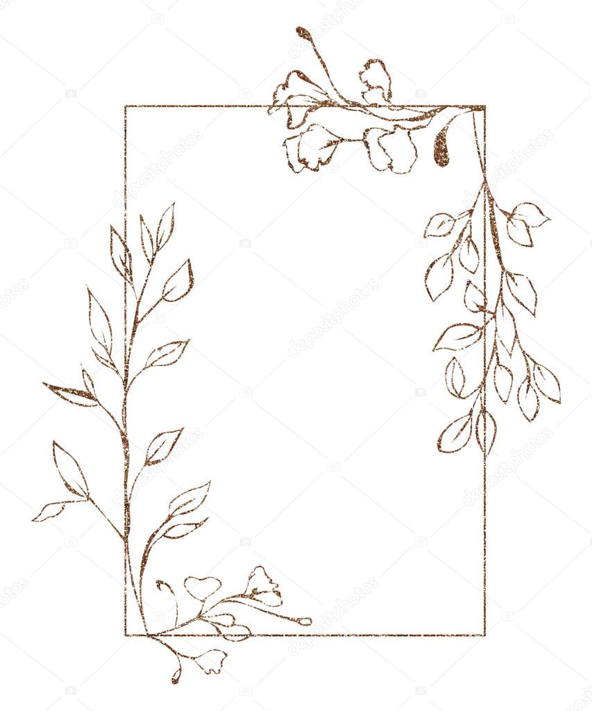 Illustration of a plant branch in the form of a colored floral frame of leaves, rectangular shape on an isolated white background