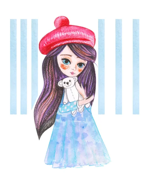 Illustration Aquarelle Dessin Petite Princesse Robe Bleue Béret Rouge Sur — Photo