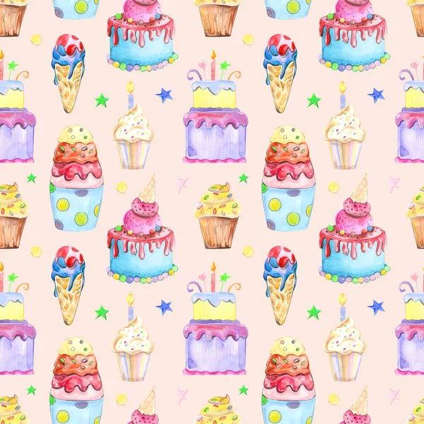 Illustration Nahtlose Muster Von Aquarell Süßwaren Gezeichnet Kuchen Muffins Makronen — Stockfoto