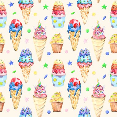 Suluboya şekerlemetarafından çizilen illüstrasyon dikişsiz desen: kek, kekler, arka planda macaroons.