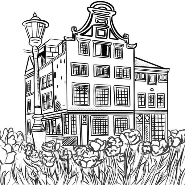 Illustration Einer Skizzenzeichnung Schwarz Für Ein Malbuch Eines Mehrstöckigen Gebäudes — Stockfoto
