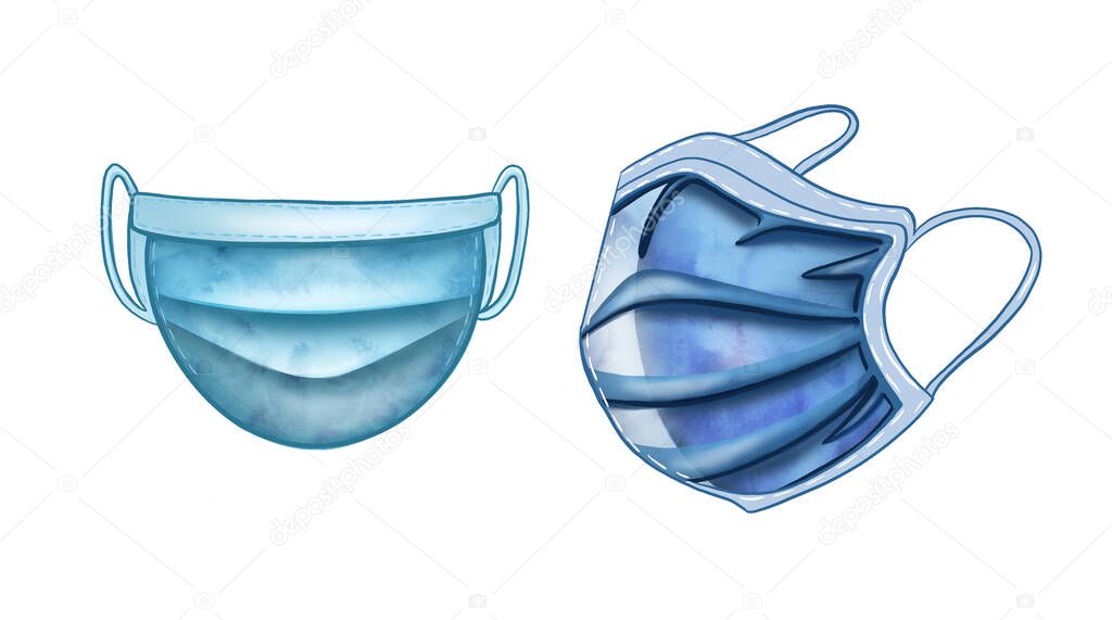 Illustration of a protective mask against viruses, coronaviruses, infections and bacteria. Disease protection for the human respiratory system. Drawing of a protective mask in blue on a white isolated background.
