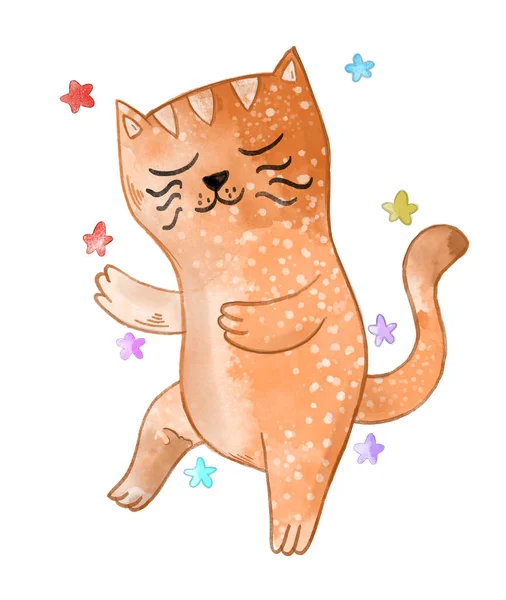 Illustration of a cat pet in watercolor style with a texture of different colors on a white isolated background.