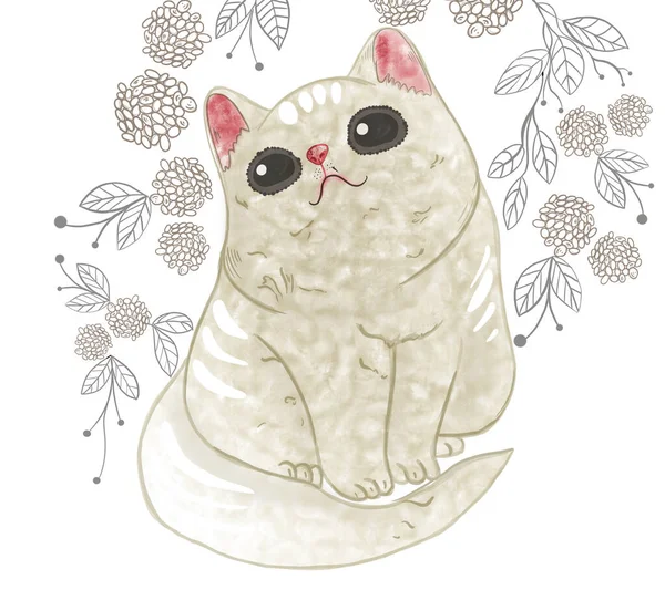 描述一只水彩画风格的猫 它在白色孤立的背景上有不同颜色的纹理 — 图库照片
