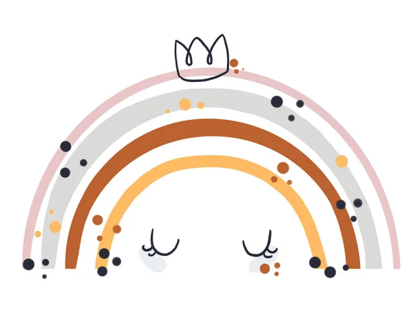 Beyaz yalıtılmış arkaplanda elementler ve detaylarla yumuşak renkte gökkuşağı karikatürü çizimi.