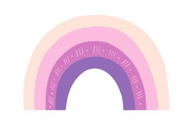 Beyaz yalıtılmış arkaplanda elementler ve detaylarla yumuşak renkte gökkuşağı karikatürü çizimi.