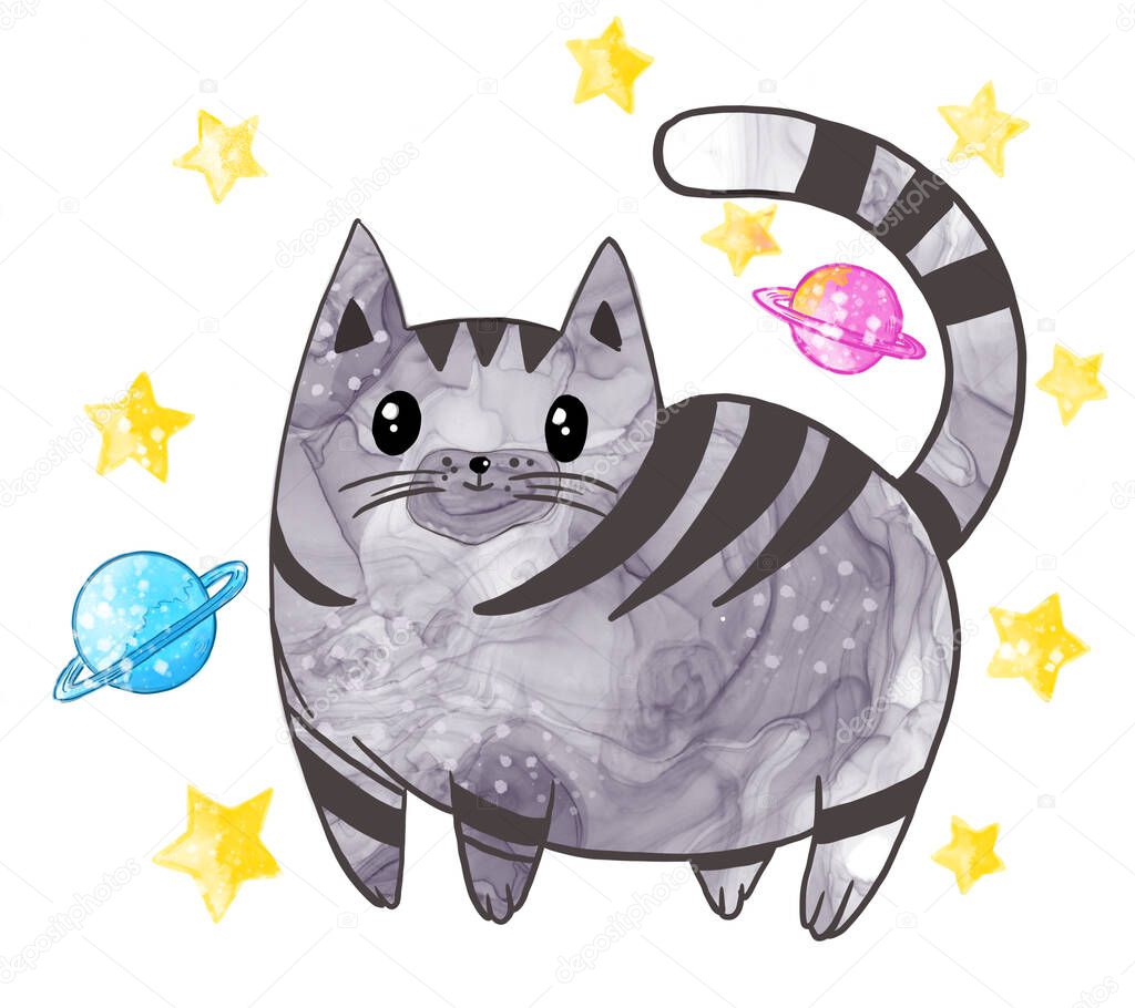 Illustration of a cat pet in watercolor style with a texture of different colors on a white isolated background.