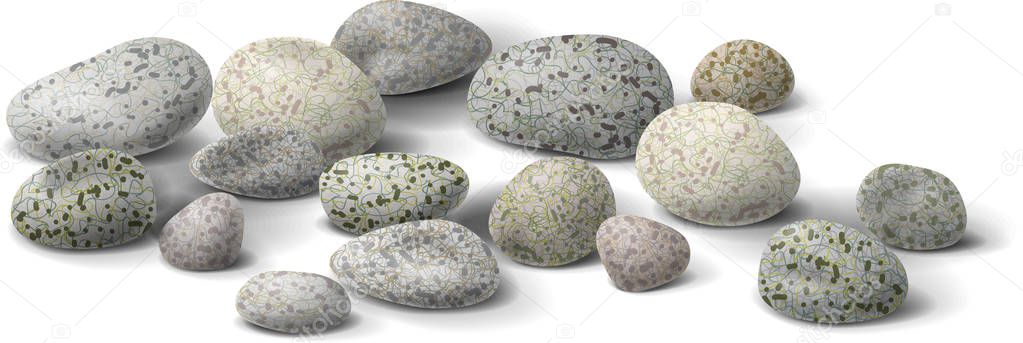 Multicolored smooth sea stones in isometric 3d view. Set of different boulders vector