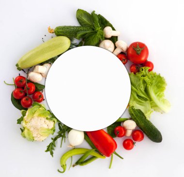 Wreath of Fine Food Products - Fresh Vegetables and Spices of Red, Green and White Colors with Round Copy Space clipart
