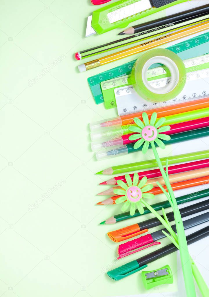 Back to School Conceptl: Colorful Felt Pens and Pancils, Green Daisy on the Light Green Background