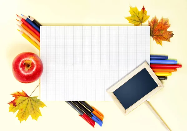 回到学校 Conceptl 五颜六色的毛毡钢笔和铅笔 红色苹果和 Mapple 叶子在黄色背景 图库图片
