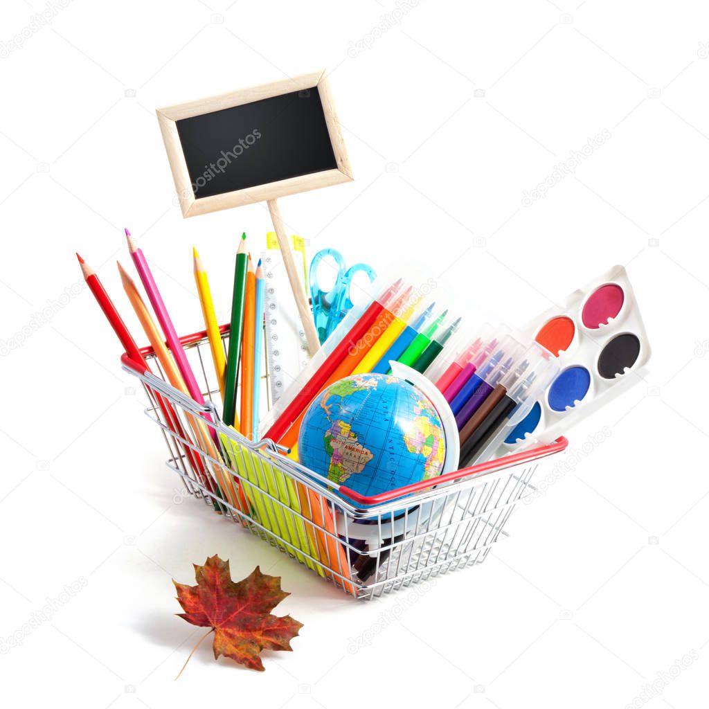 Back to School Conceptl: Globe, Felt-tip pens, Palette with Colors, Colored Pencils, Scissors, Rulers, School Black Board in the Shopping Cart