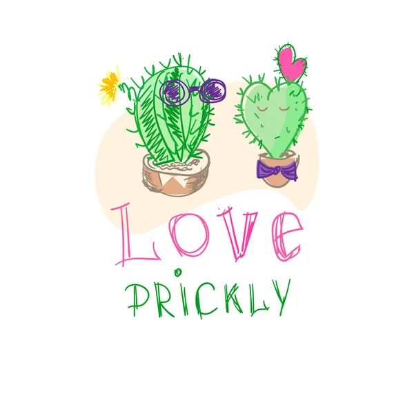 Bir tencerede iki kaktüsler. Mizah, karikatür. El çizimi. Dikenli aşk, kaktüs. Karakalem. Dostluk ve iletişim. Succulents dostlarım. Karikatür tarzı. Komik suratlar, gözlük. Yazı