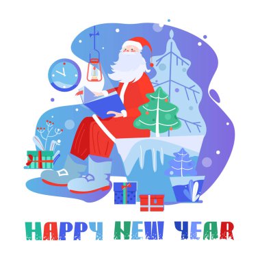 Noel Baba. Yeni yıl Noel kartı. Kırmızı, mavi. Vektör görüntü. Kış tatili