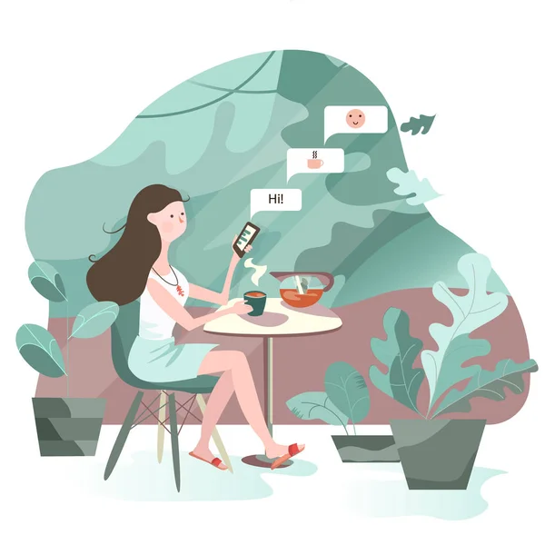 La chica está sentada en la cafetería. se comunica en una red social. fondo verde — Vector de stock