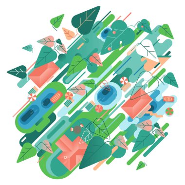 Soyutlama. Evin bir takas üzerinde yer alır. Havuzu ve ağaçlar. Vektör