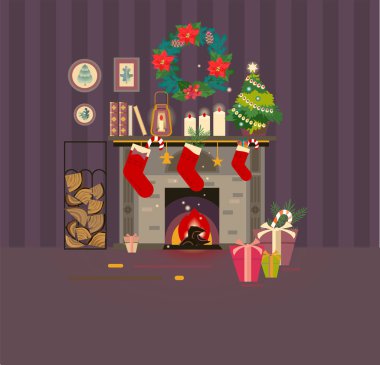 Şömine vektör resim. Bir Noel tasarım iç. Noel ağacı ve hediyeler, Noel çorap. Şöminede ateş. Kartpostal veya illüstrasyon tasarımı için