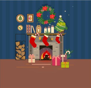 Şömine vektör resim. Bir Noel tasarım iç. Noel ağacı ve hediyeler, Noel çorap. Şöminede ateş. Kartpostal veya illüstrasyon tasarımı için