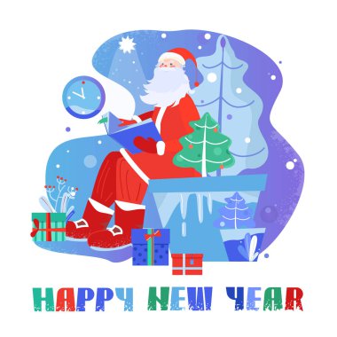 Noel Baba. Yeni yıl Noel kartı. Kırmızı, mavi. Vektör görüntü. Kış tatili