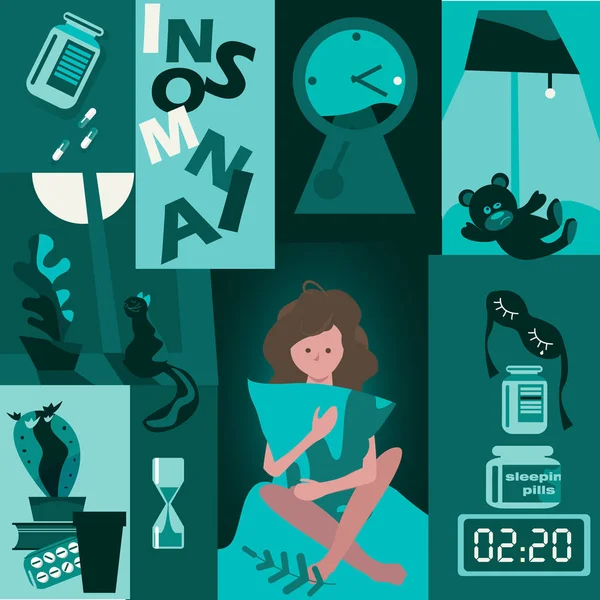 Αϋπνία. σύνολο εικόνων για το πρόβλημα του ύπνου — Διανυσματικό Αρχείο