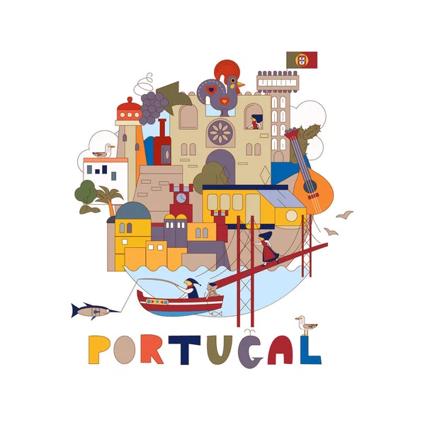 Portugal. Mapa das atrações de Lisboa. Histórico e cultural. Turismo, viagens — Vetor de Stock