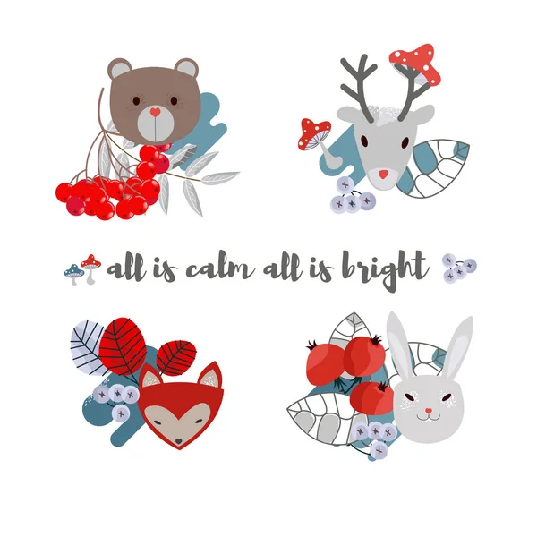 Conjunto vectorial de lindos elementos forestales: animales y árboles. Conjunto de cuatro imágenes lindas con animales y plantas del bosque — Vector de stock