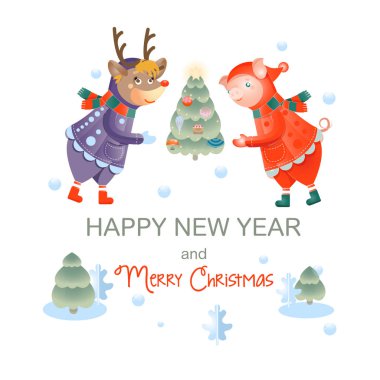 Noel Baba. Yıl piglet sembolüdür. Noel geyiği. Yeni yıl. Vektör