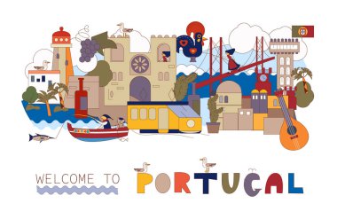 Portugal. Map of attractions of Lisbon. Historical and cultural. Tourism, travel clipart