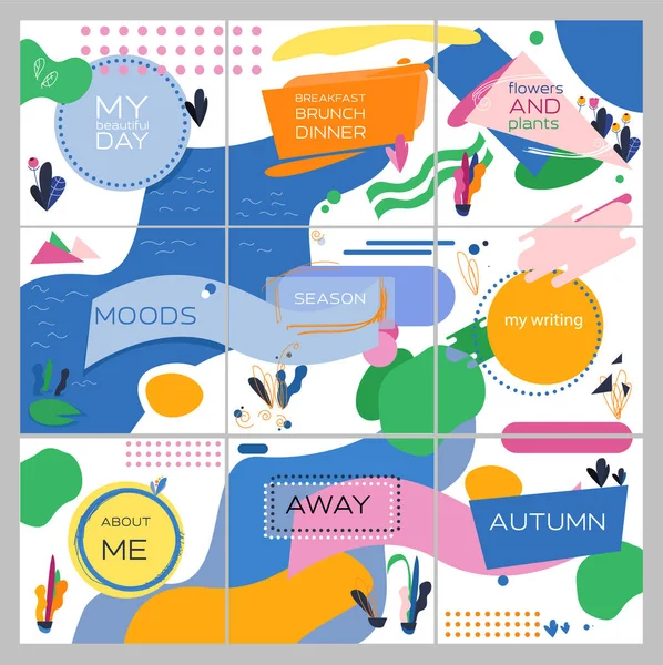 Sosyal networ yazı şablonları kümesi. Kişisel ve iş için hesaplar. Renkli tasarlamak vektör şekiller, çizgiler, noktalar, sahne şablon nokta. Blog dekor, afiş, davetiye, kart, reklam, afiş