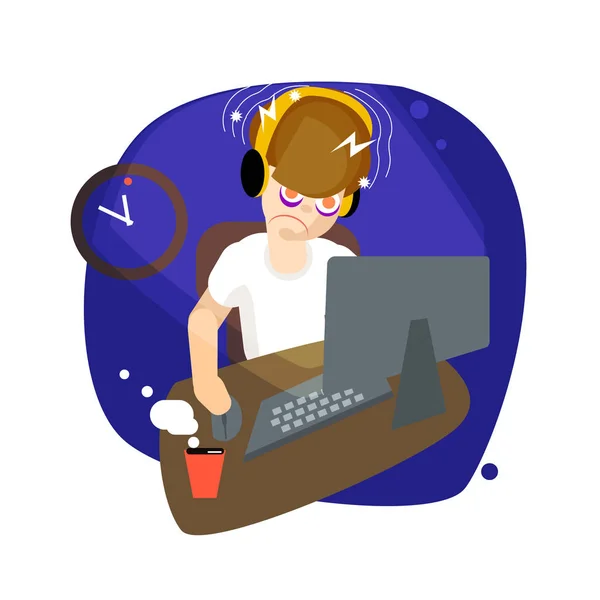 Freelancer trabaja de noche. Estudiante. ojos cansados. Sobrecarga digital. Fecha límite — Vector de stock