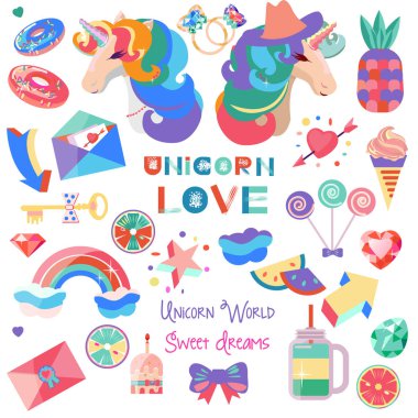 Çıkartmalar için bir tek boynuzlu at ve resimler ile ayarlayın. Kapalı gözleri ile unicorns kafa