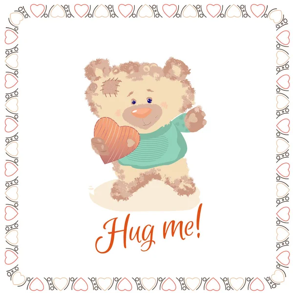 Un oso pequeño es un juguete. Día de San Valentín es una carta de vacaciones — Vector de stock
