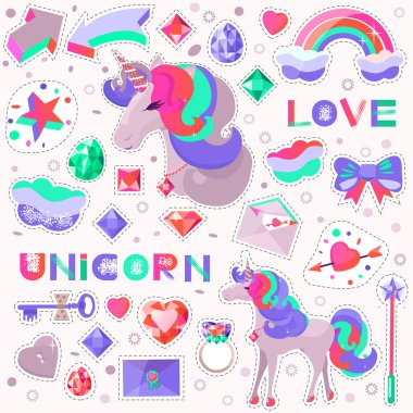Çıkartmalar için bir tek boynuzlu at ve resimler ile ayarlayın. Kapalı gözleri ile unicorns kafa